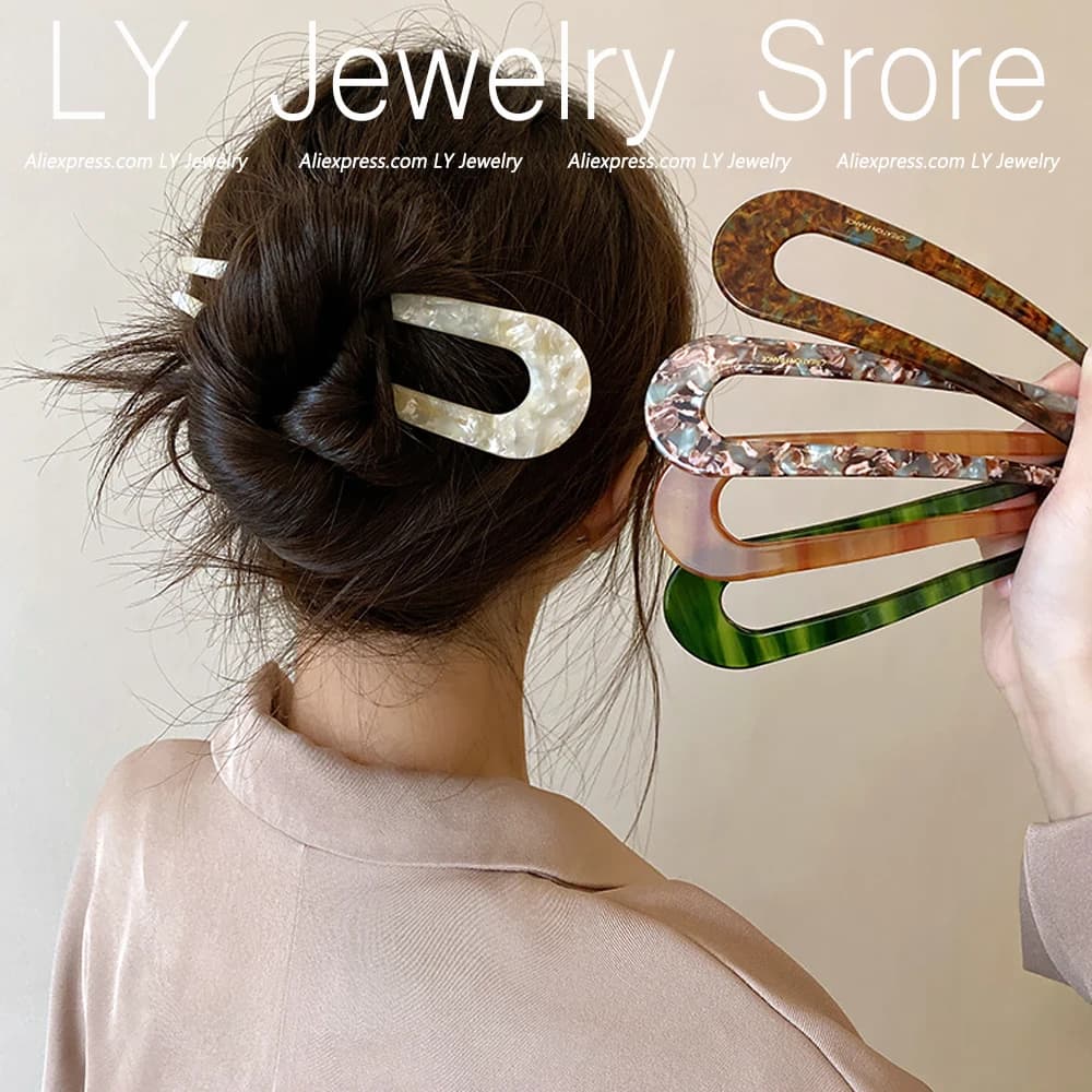 Vintage U-Shaped Chignon Hairpins Women Cellulose Acetate 2 Prong Bun Hair Sticks Girls DIY Retro Hairstyle Tool