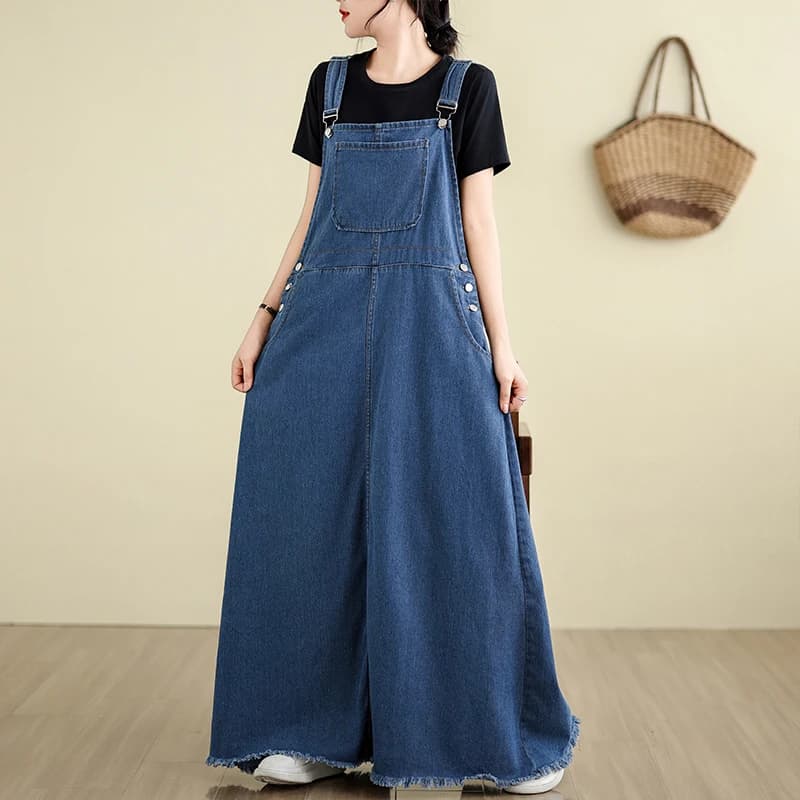 Summer New Solid Color Oversized Women's Chic Minimalist Tassel Patchwork Pockets Button Casual Loose Suspenders Denim Dresses