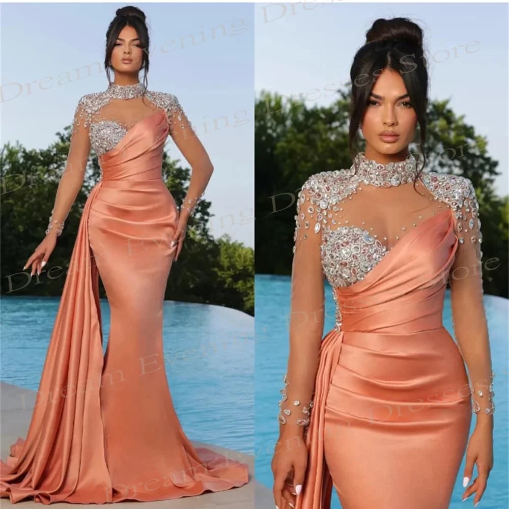 Sexy Mermaid Beading Evening Dresses High Neck Mezuniyet Elbiseleri Long Sleeve Customized Prom Gowns Abito Da Festa Di Nozze