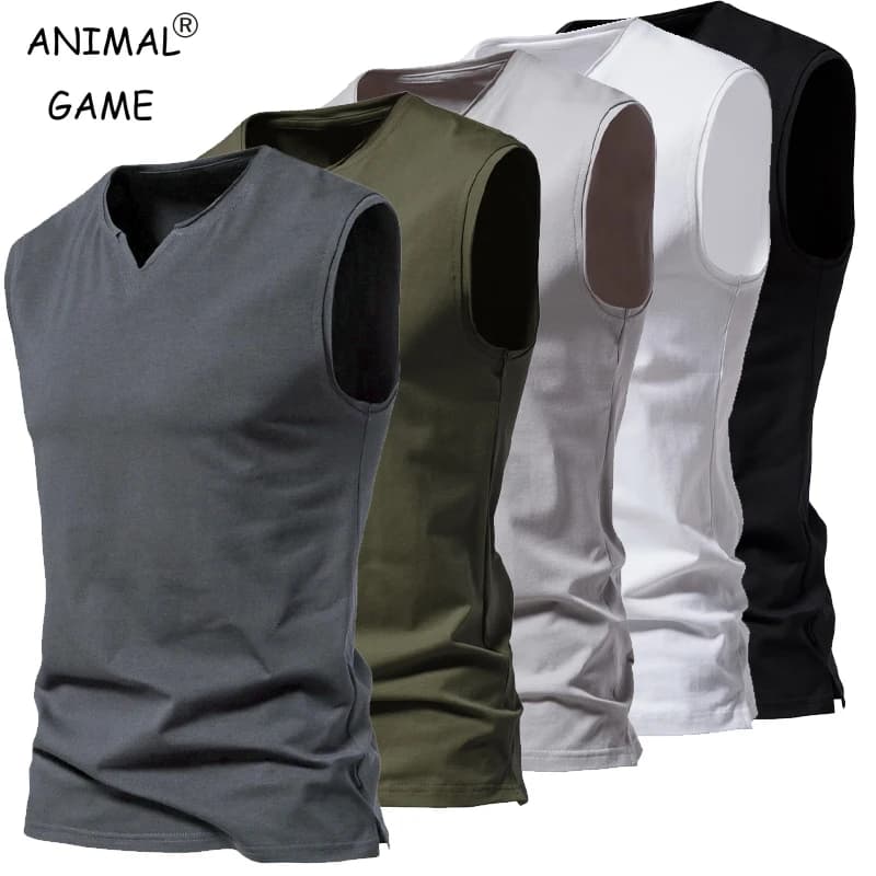 Summer Mens V-neck Tank Tops Athletic Jogging Gym TShirts Loose Vest Cotton Sleeveless T-Shirt Lightweight Basic Sport Tops