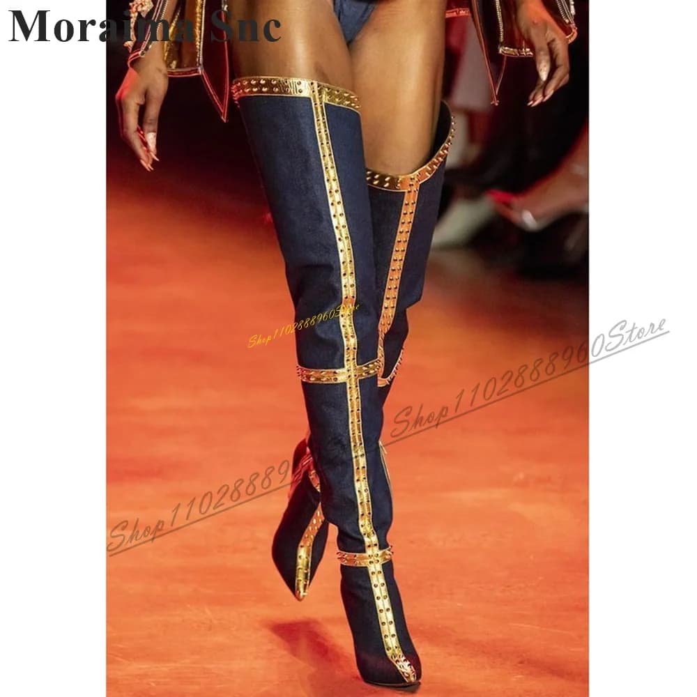 Stylish Thigh High Beveled Rivet Decoration Boots Thin High Heel Women Shoes Side Zipper Pointed Toe 2024 Zapatos Para Mujere