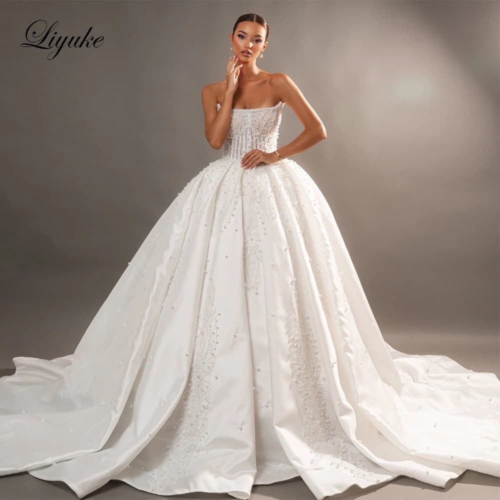 Liyuke Custom Made Luxury Full Of Beading Pearls Ball Gown Wedding Dresses Embroidery Lace Off Shoulder Sleeveless Bridal Gowns