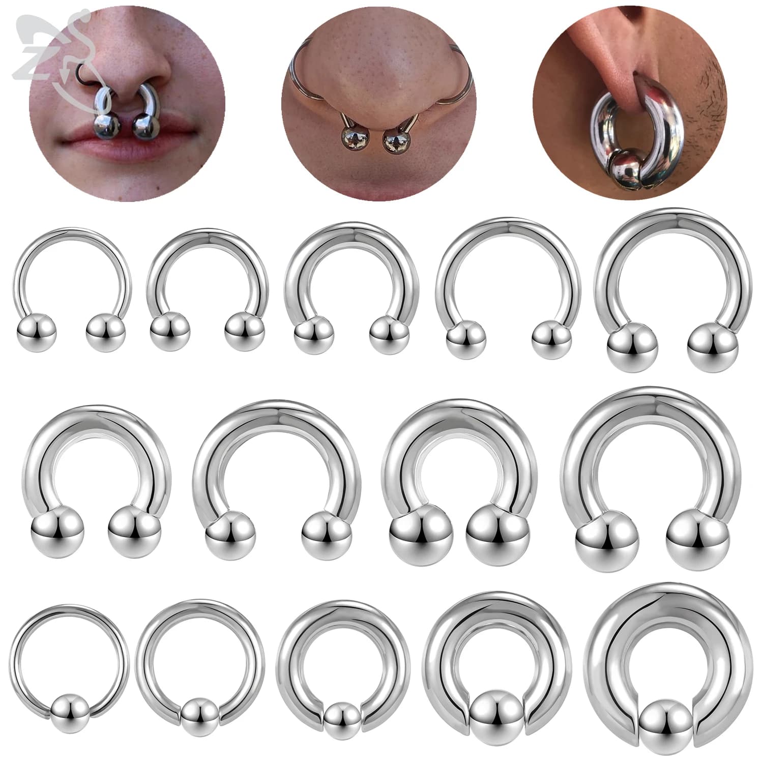 ZS 1 Piece 2/4/6/8G Stainelss Steel Horseshoe Nose Ring Men Internal Threaded Large Gauge Piercings Ear Expander Septum Piercing