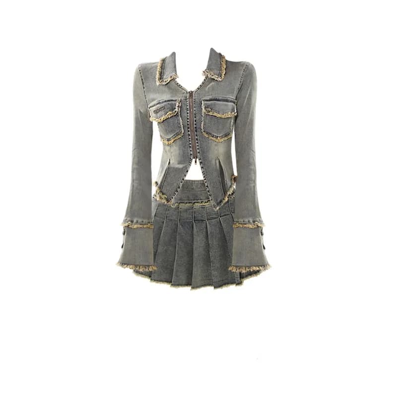 2025 Chic Fashion Turn Down Collar Long Sleeve Sexy Women Jackets + Slim All Match Pleated Skirts Autumn New 2 Set Ropa Mujer