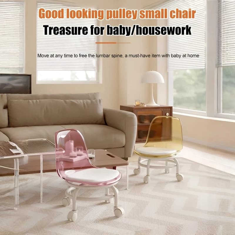 Household Transparent Acrylic Small Stool with Universal Wheel Toddler Stool Lazy Backrest Roller Skating Stool
