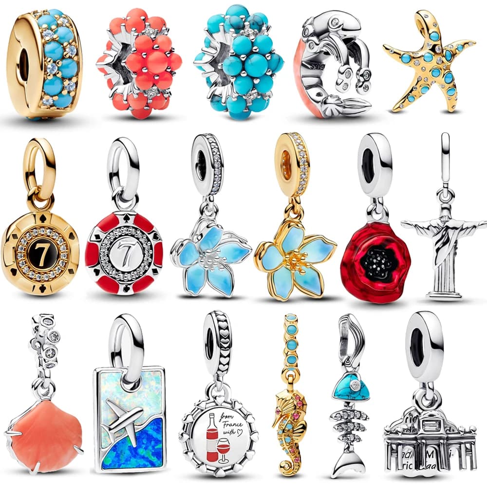 Summer 925 Sterling Silver Ocean Blue Pave Clip & Blooming Peach Blood Red Rose Charm Fit Original Bracelet Necklace Jewelry
