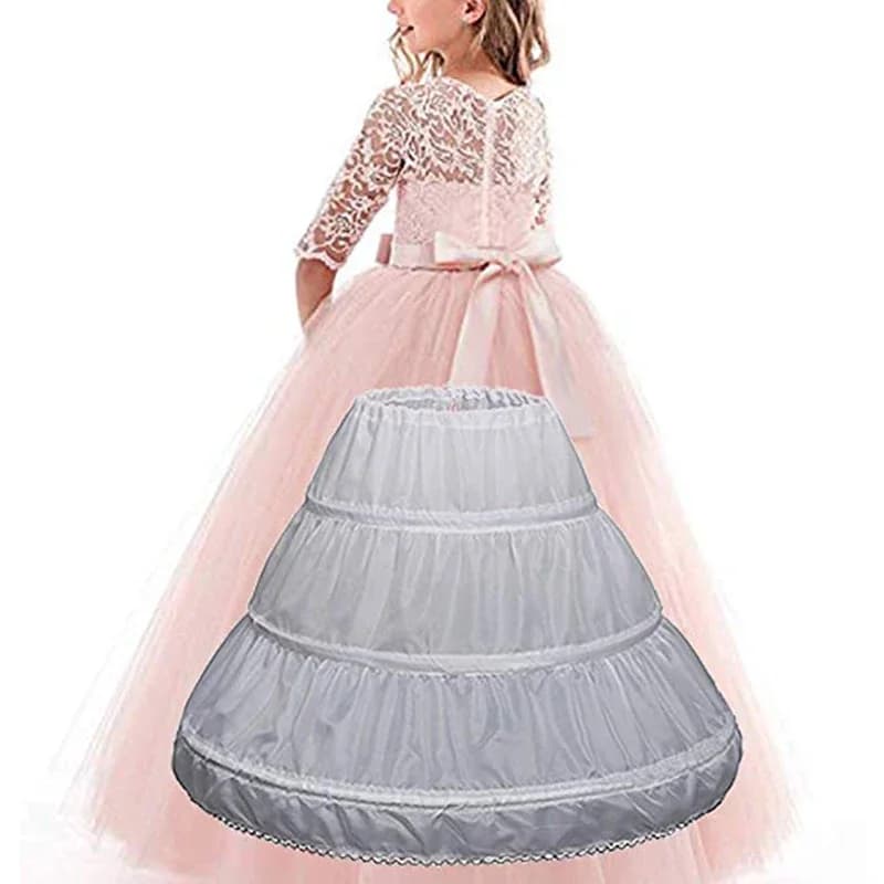 3 Three Hoops Kids Crinoline A Line Lace Trim White Children Petticoat for Flower Girl Dress Underskirt Elastic Waist Full Slip