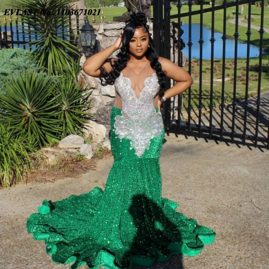 EVLAST Customized Emerald Green Sequins Mermaid Prom Dress Black Girls Silver Diamonds Beaded Party Gown Vestidos De Fiesta P102