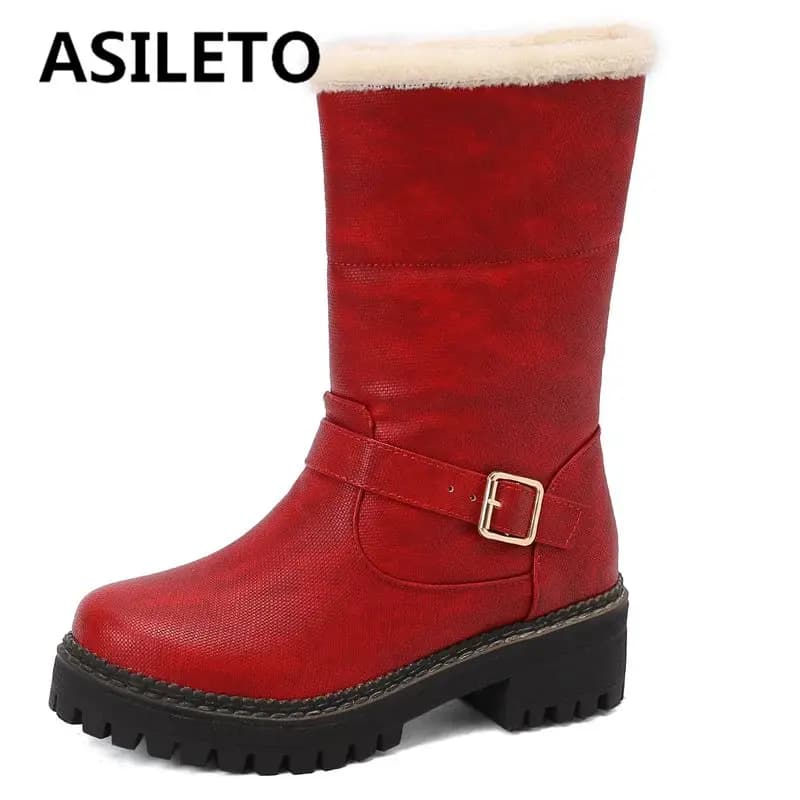 ASILETO Winter Warm Boots for Women Round Toe Block Heels 5cm Platform Belt Buckle Big Size 42 43 Casual Daily Booties