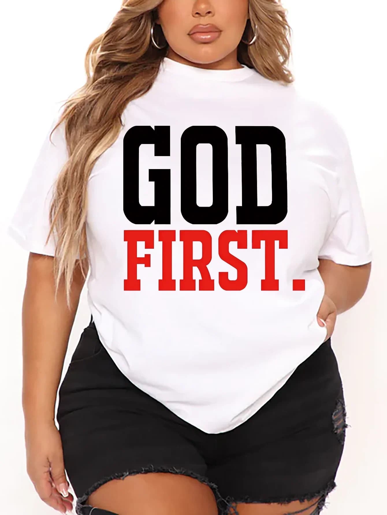 Summer Women's Casual Short-sleeved 6-color Round Neck T-shirt Printing Faith Letter GOD FIRST T-shirt Women Plus Size Clothing