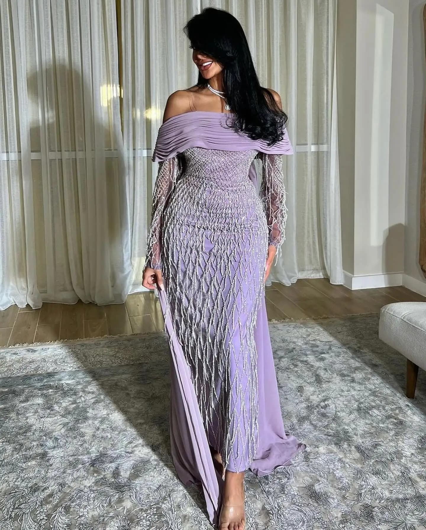 Aenyrst Luxurious Black Prom Dress Off Shoulder Sparkling Beaded Chiffon Party Evening Gown Ankle Length Formal Occasion Dresses