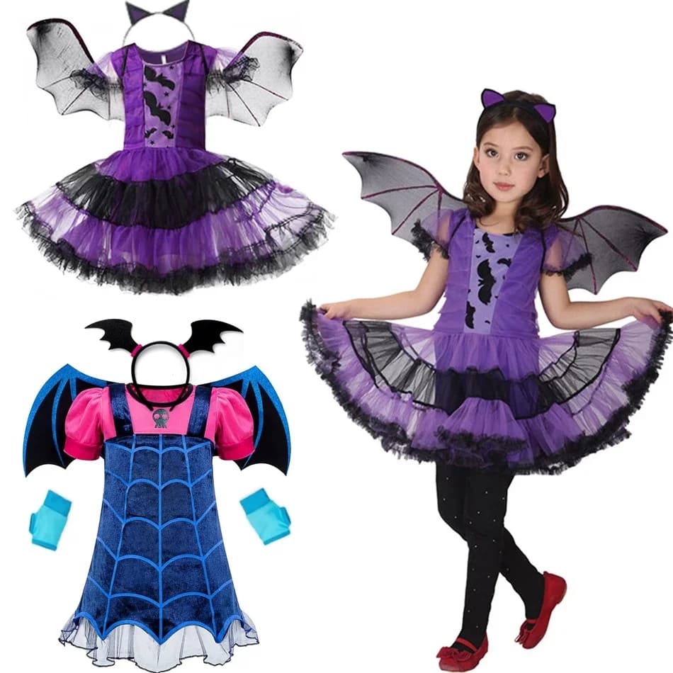 Girls Vampire Costume Kids Halloween Clothes Animal Cosplay Dress With Wing Headwear Witch Role Play Clothes