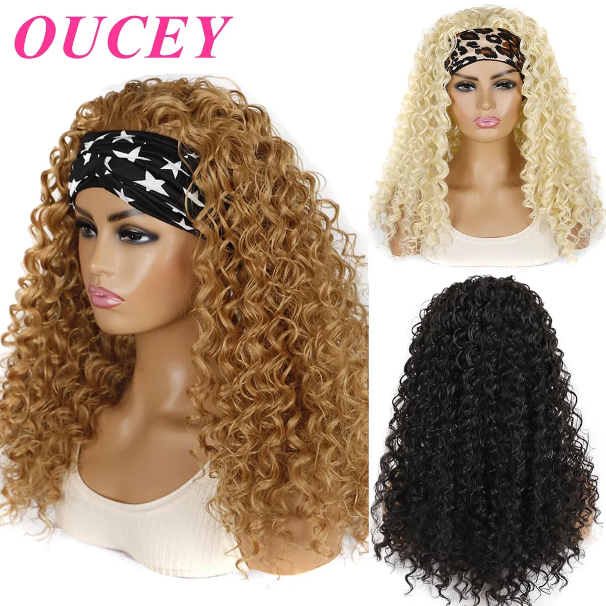 OUCEY Synthetic Hair Deep Curly Wigs for Women Headband Wig Female Black/613/4/27/99J Blonde Wig Daily Party Cosplay Wig Woman