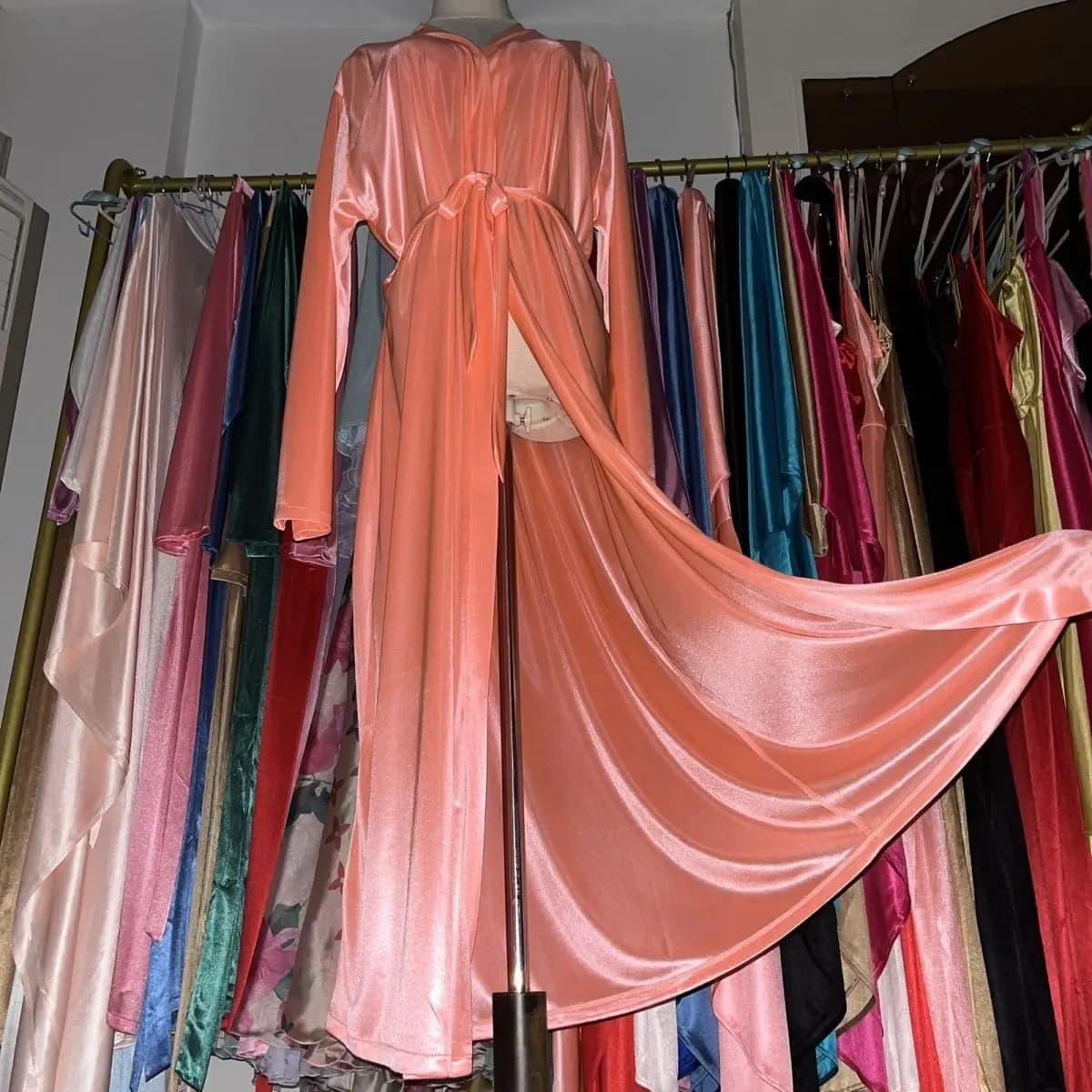 Glossy Sexy Women Satin Long Dress Sashes Loose Night Dress Plus Size Sleeping Robe