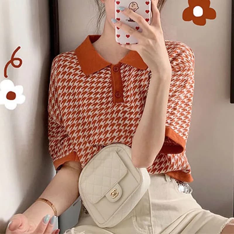 Elegant Fashion Harajuku Slim Fit Female Clothes Loose Casual All Match Tees Button Patchwork POLO Collar Short Sleeve T-shirts