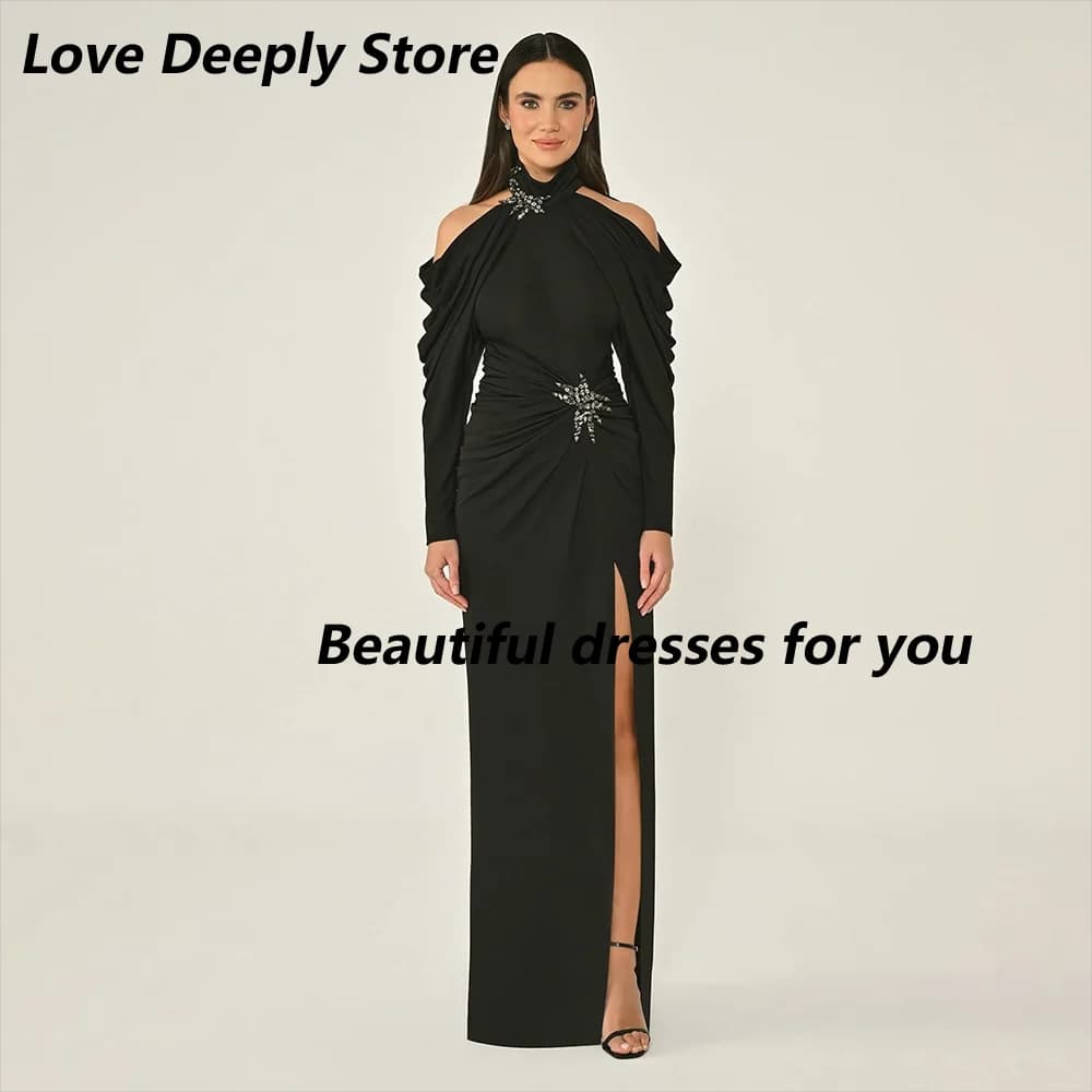 Black Prom Dress Customized Halter Off Shoulder Long Sleeves Evening Gowns Pleat Crystals Slit Straight Elegant Party Dresses
