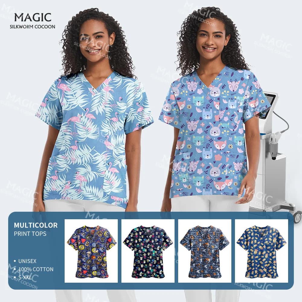 Print Nurse Uniform Women Summer Short Sleeve V-neck Health Service Tops Nursing Working Uniform T-shirts Dental Clinic Clothing