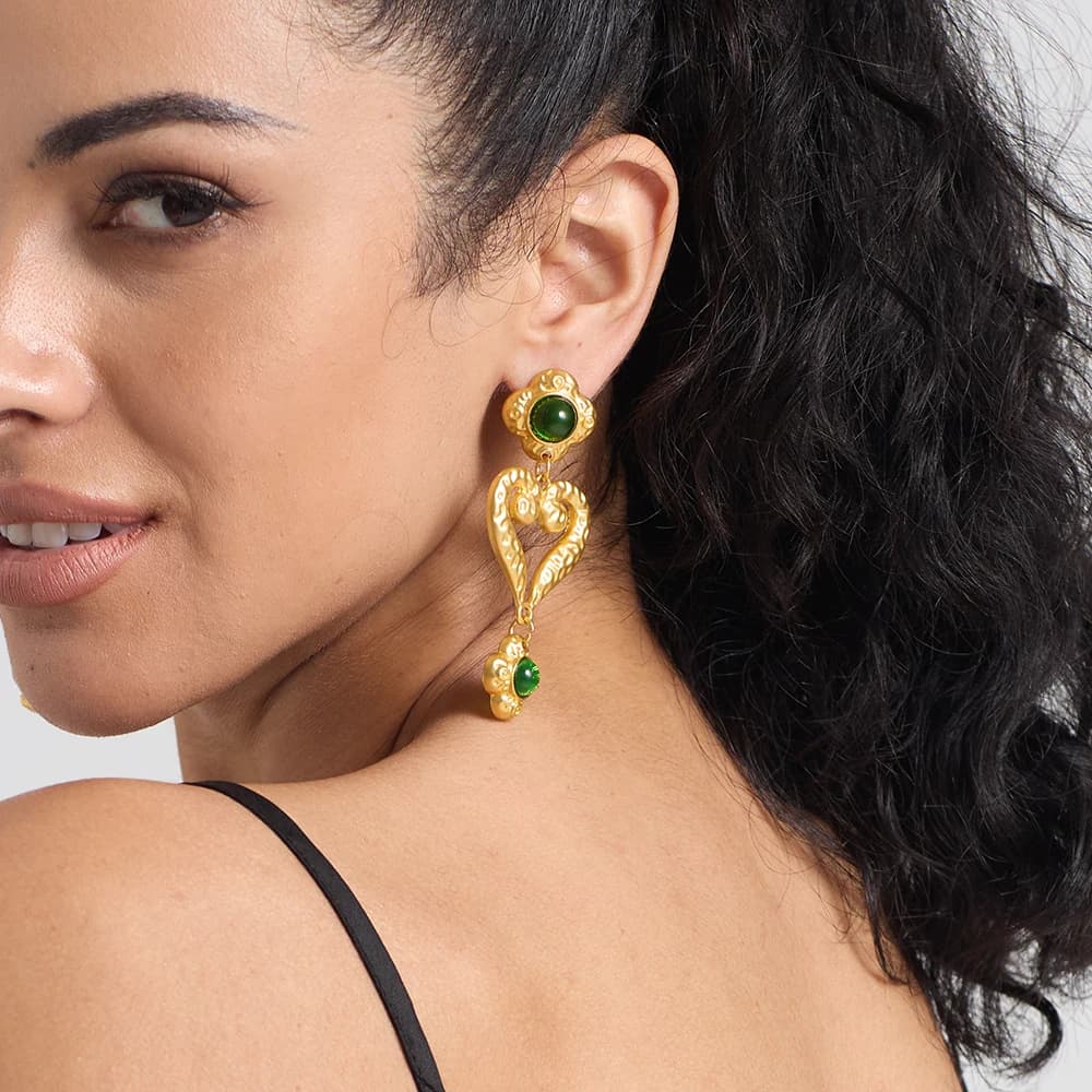 New Elegant Metal Heart Inlay Crystal Drop Earring for Women Vintage Gold Color Geometric Love Flower Earrings Jewelry