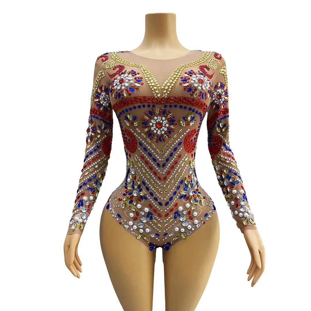 Evening Birthday Celebrate Costume Prom Party Dancer Collection Shining Colorful Stones Pearls Dance Bodysuit Outfit