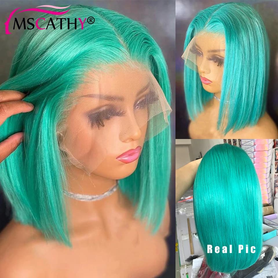 Green Short Straight Bob Human Hair Wigs For Women 613 Blonde Colored Transparent Lace Frontal Wig Preplucked Grey Color Bob Wig