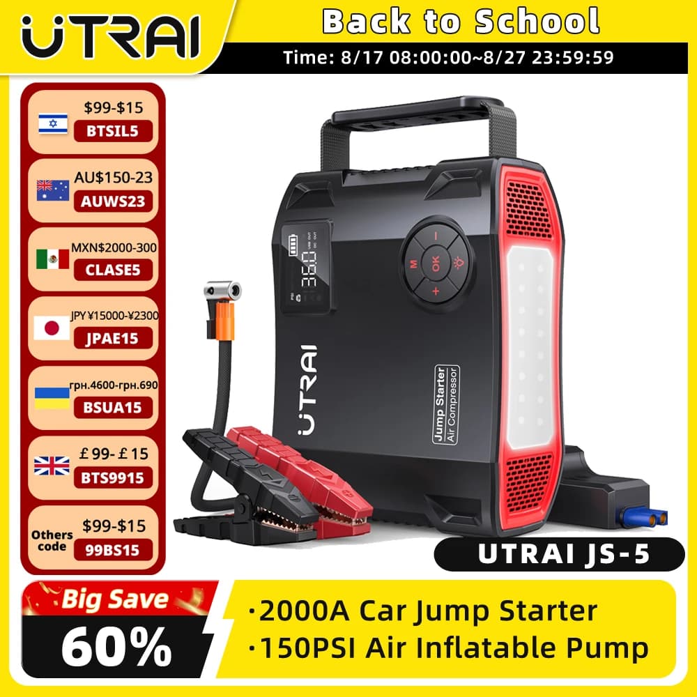 UTRAI 4 In 1 2000A Jump Starter Power Bank 16000mAh 150PSI Air Compressor Tire Pump Portable Charger Car Booster Starting Device