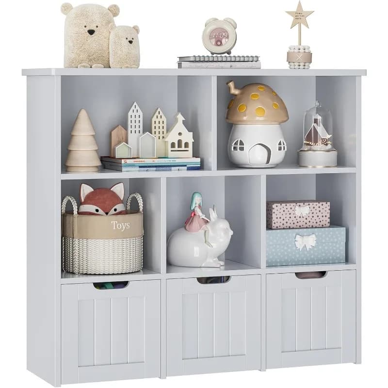 Toy Storage Organizer with 3 Movable Drawers, Floor Storage Cabinet Toy Chest with Hidden Wheels and 5 Storage Cubbies, Grey