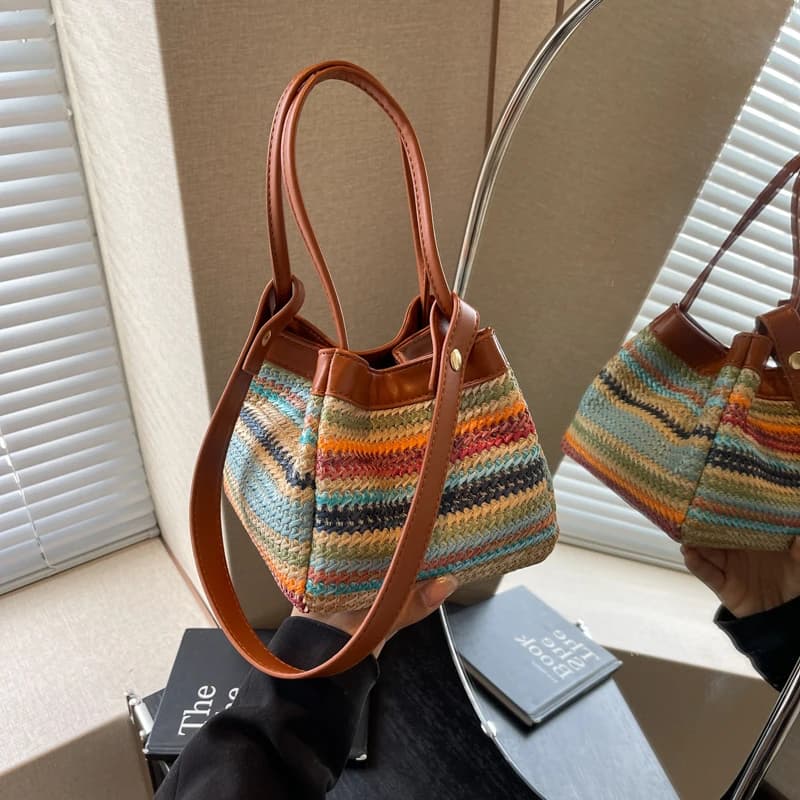 Colorful Straw Bucket Shoulder Bags Large Capacity Two Styles Hasp Summer Small Handbags for Women 2024 Casual Fashion Hot Sale