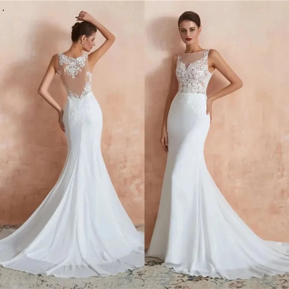 White Mermaid sexy backless sleeveless transparent neck invisible round neck Country style wedding dress plus size bridal dress