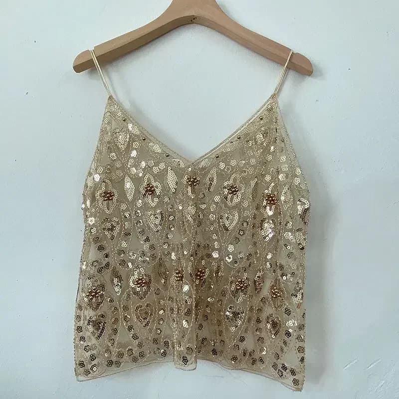 2025 Women's Summer High Quality Sequin Bead Sexy Sling Slim Fit Short V-neck Straight Tank Top Korean Fashion Clothing