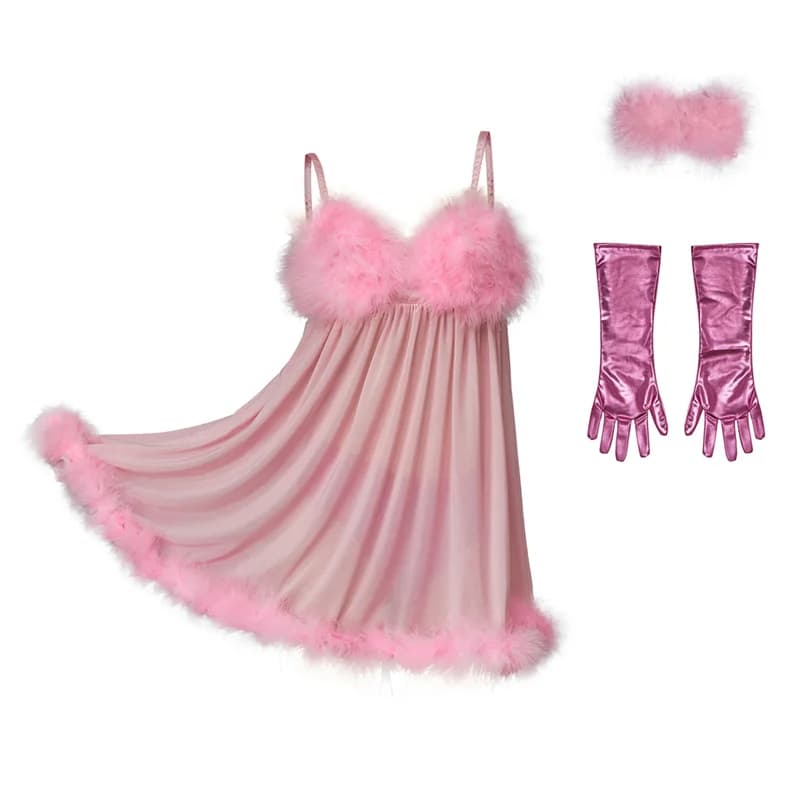 Austin Powers Fembot Cosplay Costume Sexy Robots Cosplay Suspender Skirt Pink Backless Cute Plush Skirt with Glove Outfits