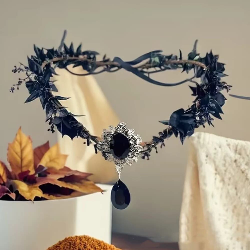 Halloween Forest Flower Crown Elf Headband Gothic Headwear Black Wreath Crystal Pendant Party Alloy Forehead Accessories Unisex
