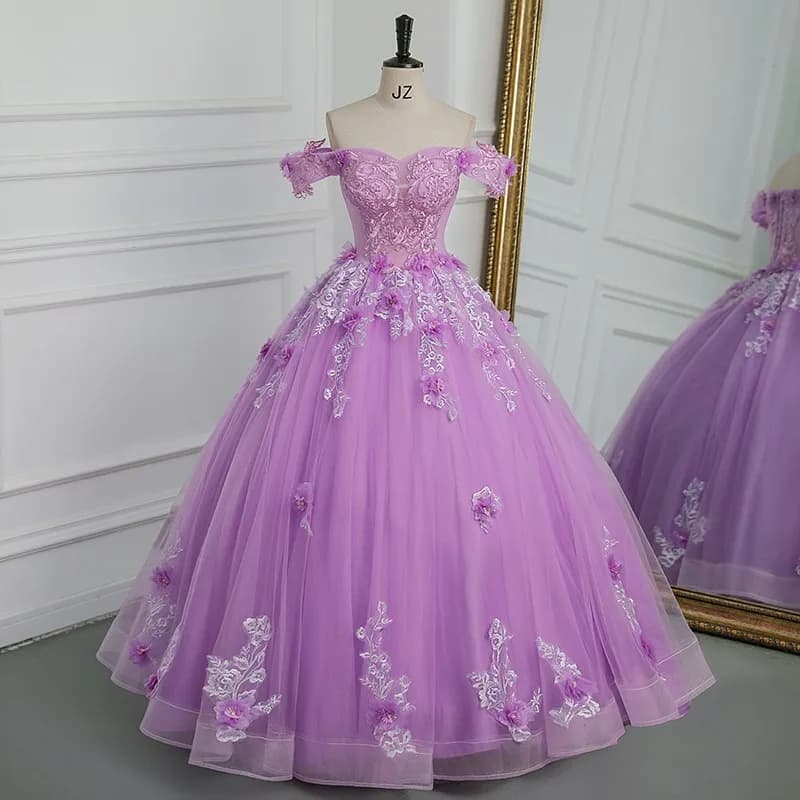 New Off The Shoulder Quinceanera Dresses Purple Tulle Floor-length Ball Gown Sweet Lace Flower Vestido Debutante PlusCustomized 