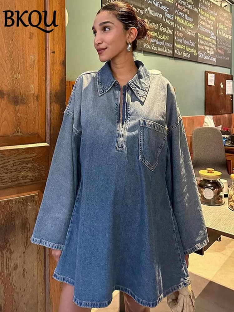 BKQU Casual Denim Dresses Women's Lapel Zipper Mini Long Sleeve Dress With Pockets Fashion Loose High Street Jean Short Dresses
