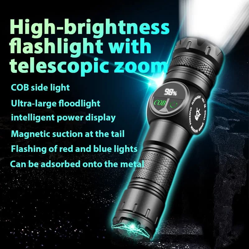 Portable rechargeable zoom flashlight with display screen, LED flashlight with emergency side light 5 lighting modes
