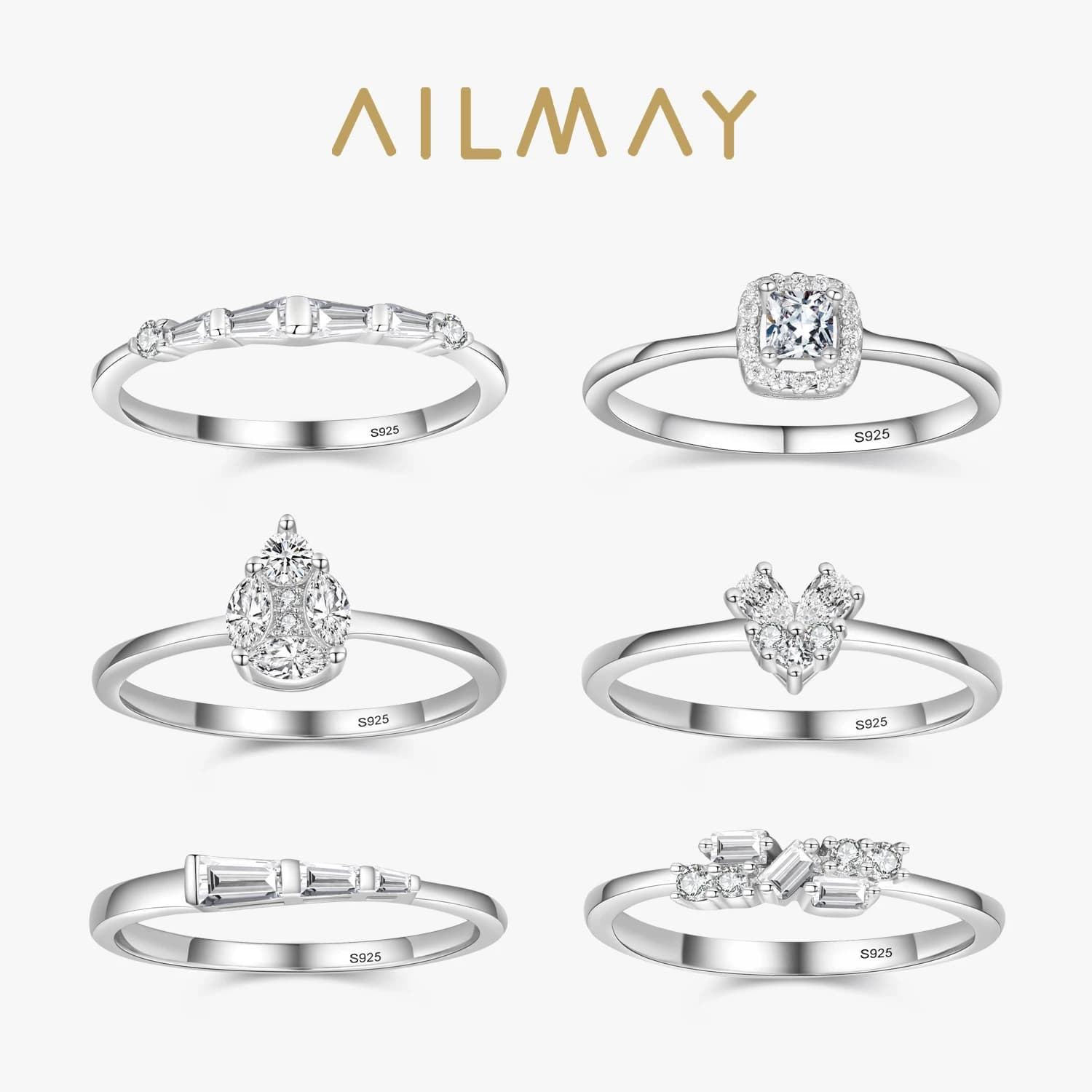 Ailmay Fashion Geometric Design Dazzling Zirconia 925 Sterling Silver Rings For Women Wedding Engagement Fine Female Jewelry