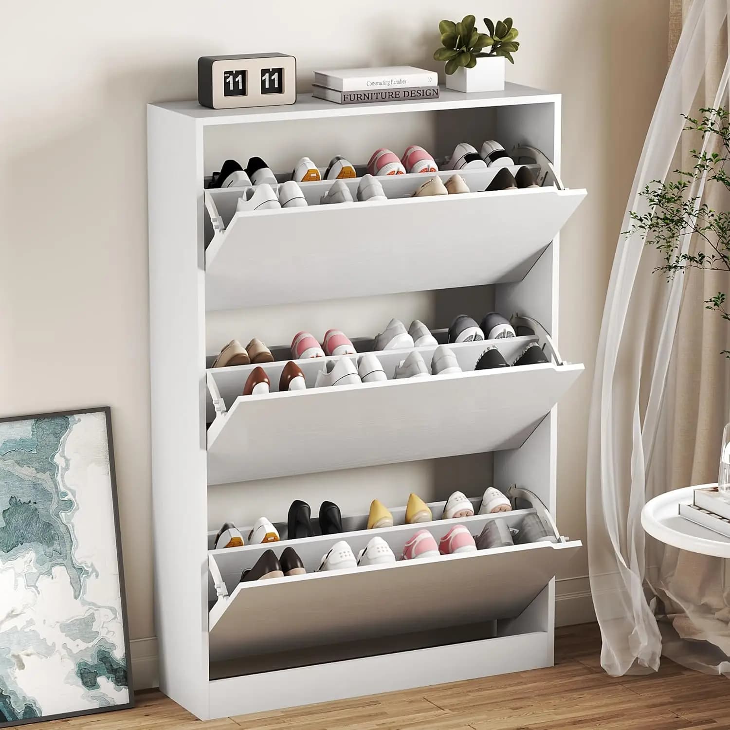 Cabinet with 3 Flip Drawers, Hidden Wood Shoe Cabinet,Freestanding Shoe Storage Cabinet for Entryway Hallway.White. 47.2" H