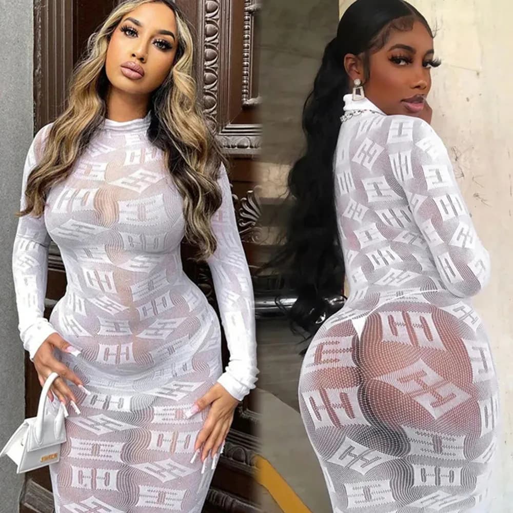 High Elasticity Fashion Hip Wrap Skirt Quality Female Nightdress Mesh Transparent Bodycon Dress Ladies Sex Hollow Tight Lingerie