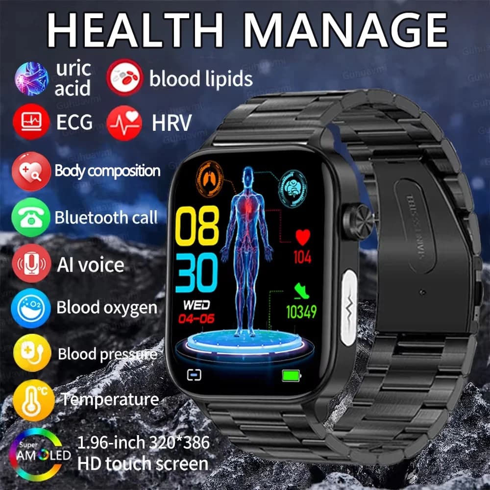 2025 New Al Science Diagnosis Blood Lipids Uric Acid Blood Oxygen Smart Watch Men ECG+PPG Voice Bluetooth Call Health Smartwatch
