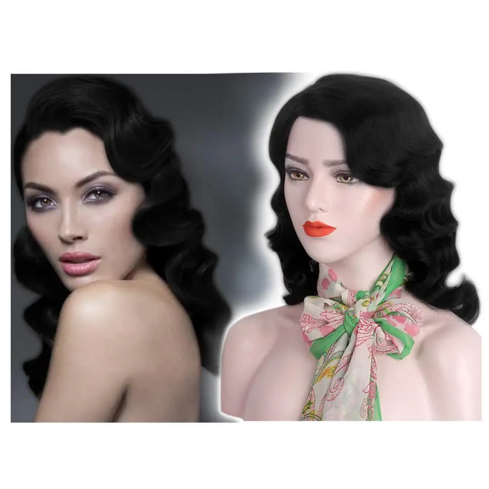 Finger Wave Wigs 1920s Retro Long Curly Brown Synthetic Hair for Women Cosplay Halloween Party Costume (Black)