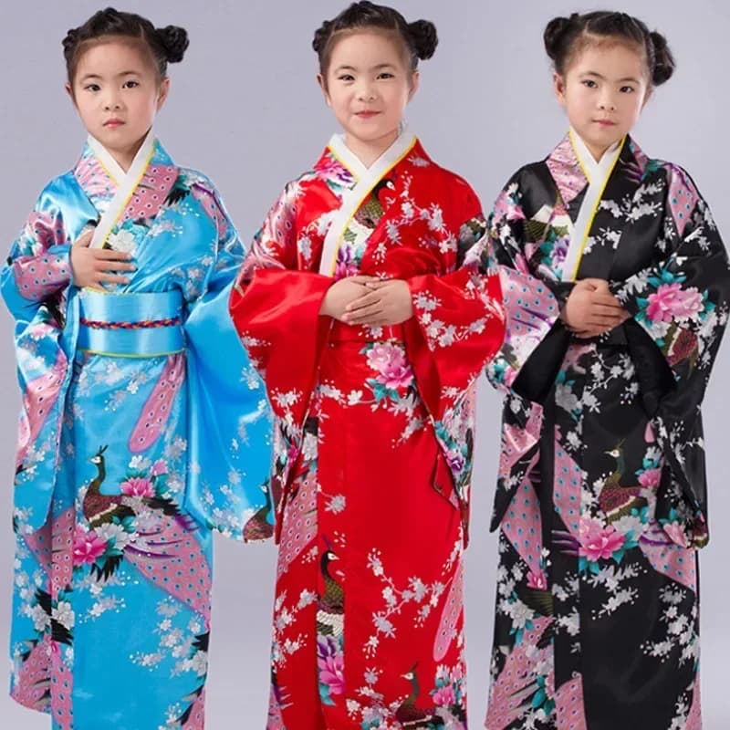 Asian Children Japanese Kimono Bathrobe Gown Japan Style Peacock Yukata Dress Obi Vintage Haori Halloween Cosplay Costume