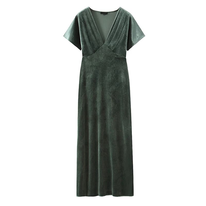Elegant Women Short Sleeve V Neck High Waist Velvet Midi Dress Autumn Casual A-line Slim Dresses Female Mid-Green Vestidos