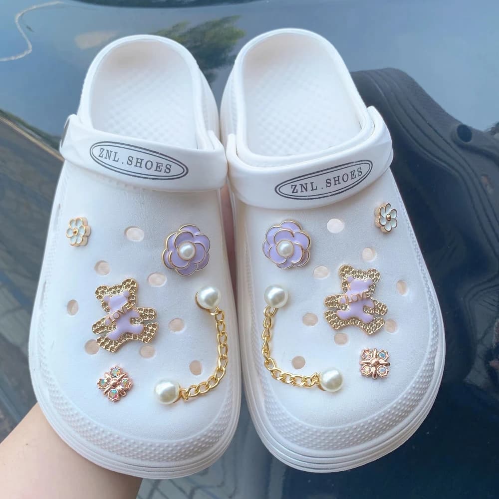 Shoe Charms DIY Lovely Purple Bear With Gold Rim Decoration Buckle for Hole Shoe Charm Accessories Party Girls Gift