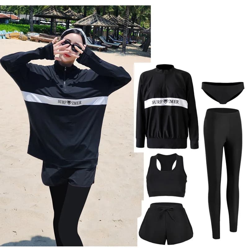 Women’s 5pcs/set Long Sleeve Rash Guards Loose Fit Swim Shirt UV Sun Protection Swimsuit Top & Bottom Thin Wetsuit Sunsuit