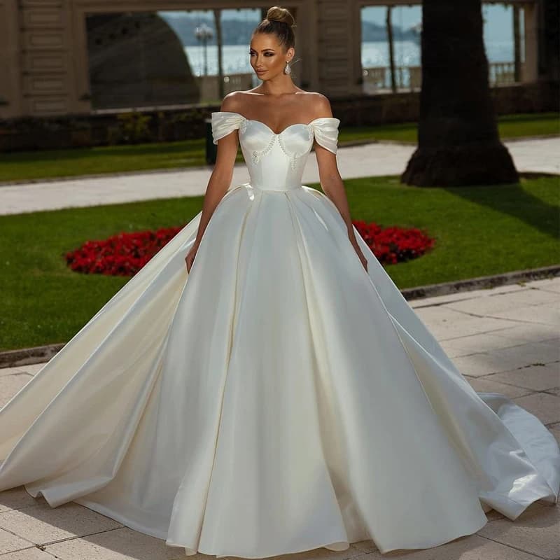 On Zhu Customized Off Shoulder Arabian Dubai Satin Wedding Dresses A-line Sweeping Train Back Tie Custom 2023 Bridal Dress