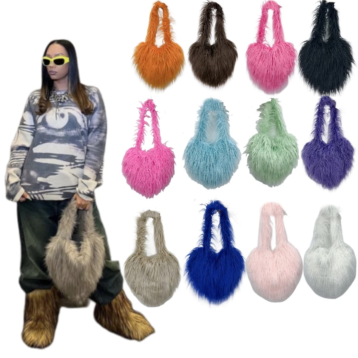 Faux Natural Fur-Ever Mongolian Furry Fur Heart Shape Oversized Tote Bags For Women Handbags With Long Shoulder Fur Straps