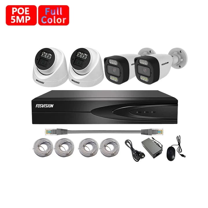 fosvision 4ch POE NVR KIT 5MP color vu IP Camera Smart full color with Audio CCTV Camera  systems home security