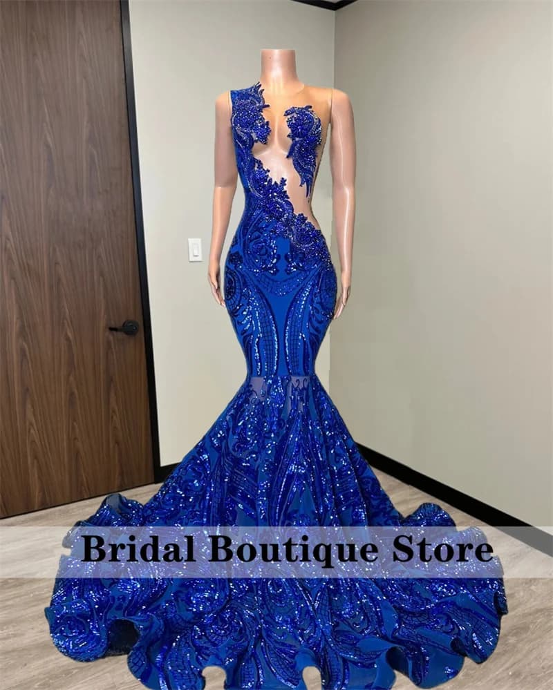 Sparkly Royal Blue Diamonds Mermaid Prom Dress Sequins Gown Bead Crystal Rhinestones Wedding Birthday Party Dress Customized