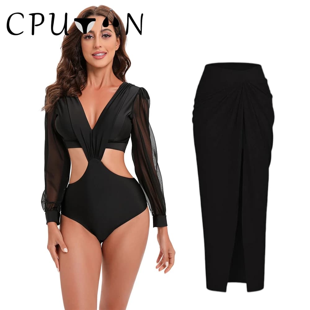 CPUTAN 2024 Sexy Long Sleeve Bikini Set High Waist Swimsuit Skirt Monokini Surfing Women Swimwear Beachwear Bathing Suit Dress