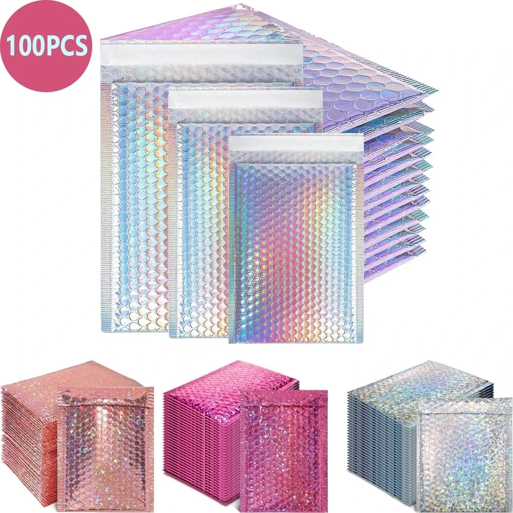 100pcs Kpop Packaging Supplies Holographic Mailer Laser Bubble Mailers Bags to Pack Products Shipping Packages Small Business