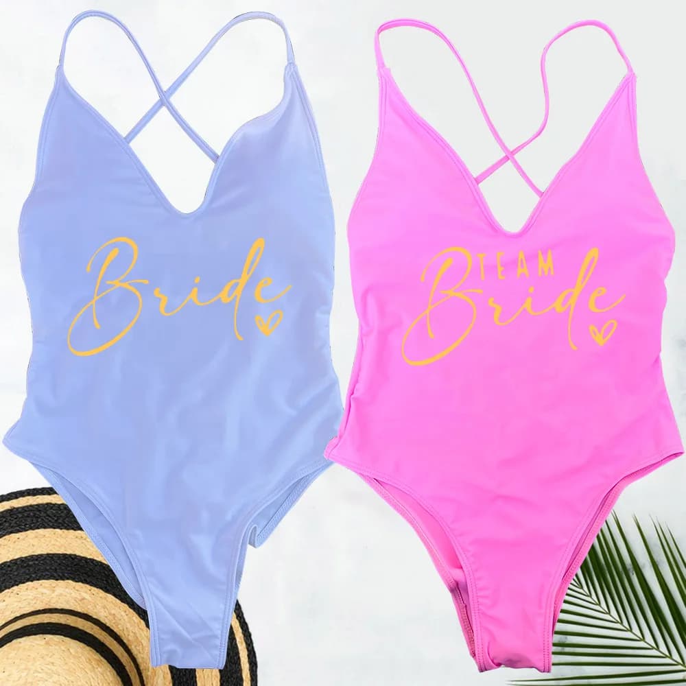 Pink Gold Print One Piece Swimsuit Team Bride Love Sexy Bathing Suit Padded Swimwear Women Bikini Bachelor Party Swim Beachwear